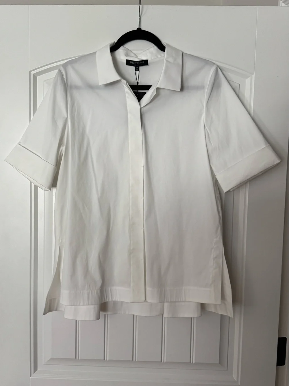 LAFAYETTE 148 NEW YORK White Stretch Cotton Peplum Shirt Size Medium NWT - Picture 5 of 9
